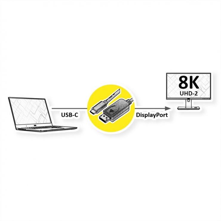 Imagine Cablu Type C la DisplayPort 8K60Hz T-T 3m Negru, Roline 11.04.5837